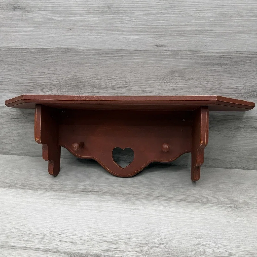 Wood Heart Shelf Wall Hanging Peg Hooks Barn Red Cottagecore Farmhouse
